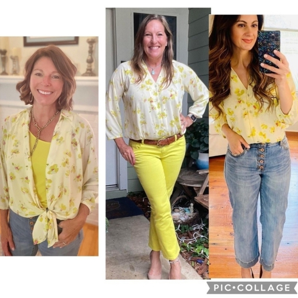 Cabi Go-to-blouse Spring 2023 flower floral light pastel muted yellow Sz S EUC - Picture 6 of 14